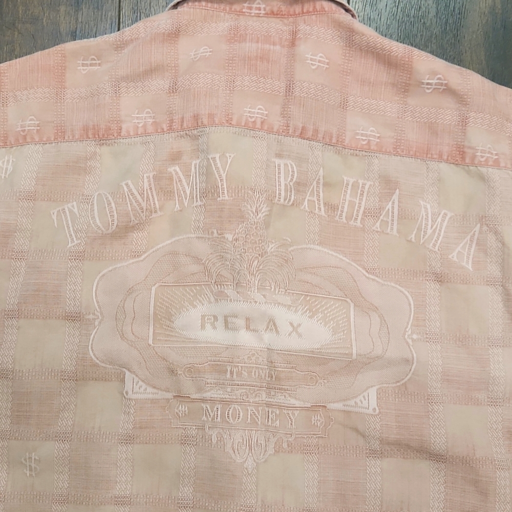 TOMMY BAHAMA 'It's only money' silk camp shirt L Vintage Wash button down